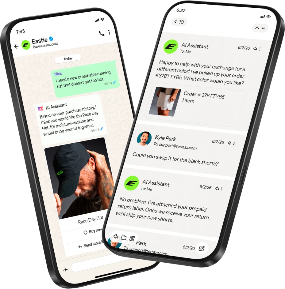 Customer Agent recommending a product on WhatsApp and handling an exchange by email